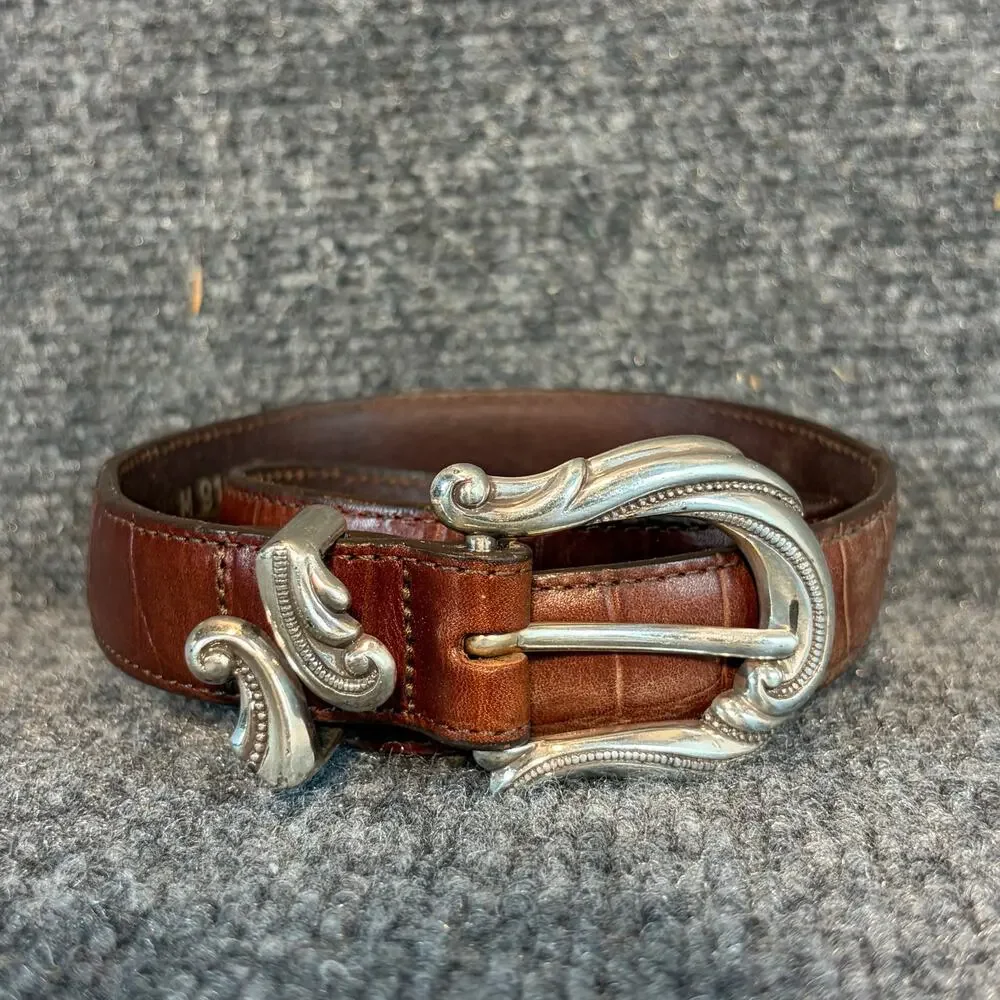 Coldwater Creek Brighton Brown Croc Leather Belt Ornate Silver Buckle 30 M 91017